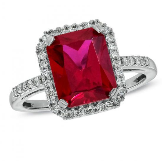 Lab-Created Ruby and White Sapphire Emerald Ring in Sterling Silver