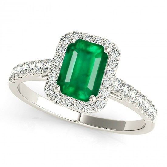 Emerald Ring With 1/2 ct TW Diamonds Halo - 18K White Gold