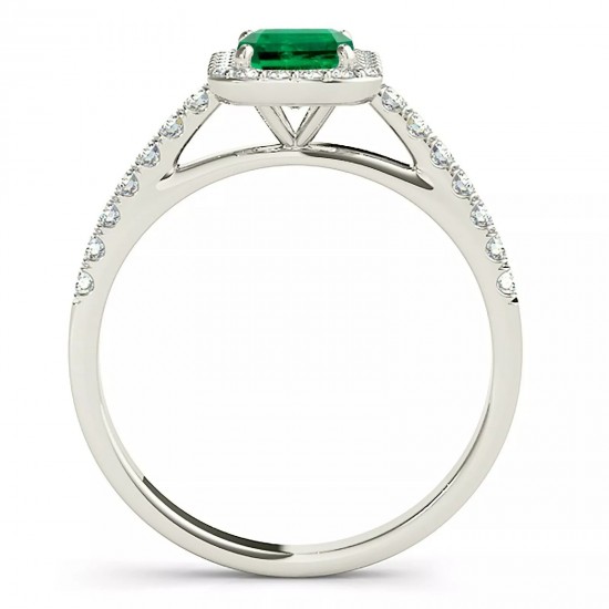 Emerald Ring With 1/2 ct TW Diamonds Halo - 18K White Gold