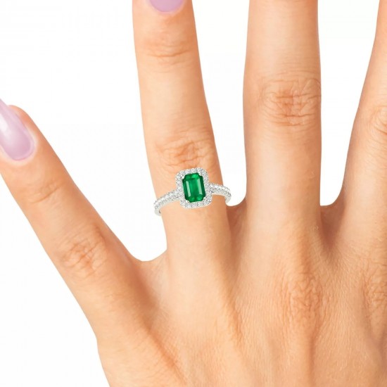 Emerald Ring With 1/2 ct TW Diamonds Halo - 18K White Gold