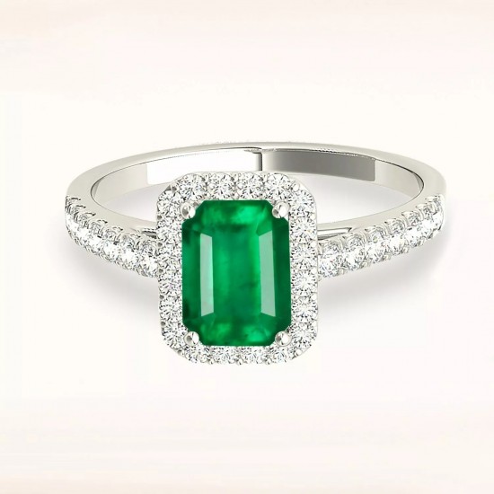 Emerald Ring With 1/2 ct TW Diamonds Halo - 18K White Gold