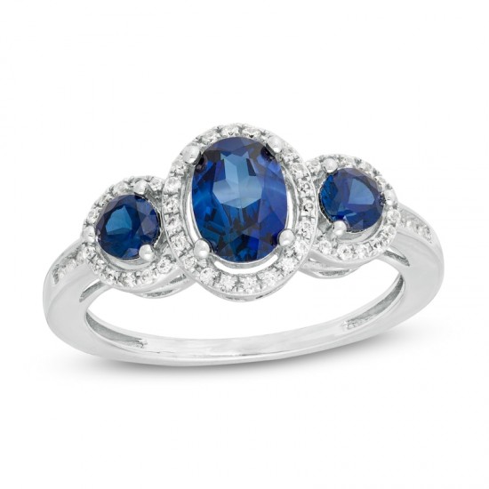 Blue Sapphire Three Stone Diamond Ring in 10K White Gold