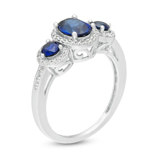 Blue Sapphire Three Stone Diamond Ring in 10K White Gold